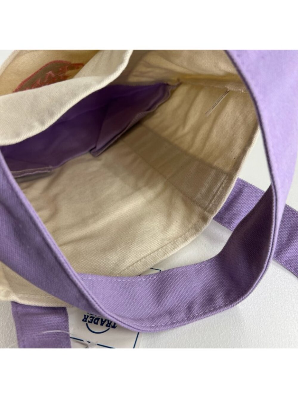 Trader Joes Mini Pastel Canvas Tote Bag Shopper Handbag Pocket Logo Purple Beige - Picture 11 of 11